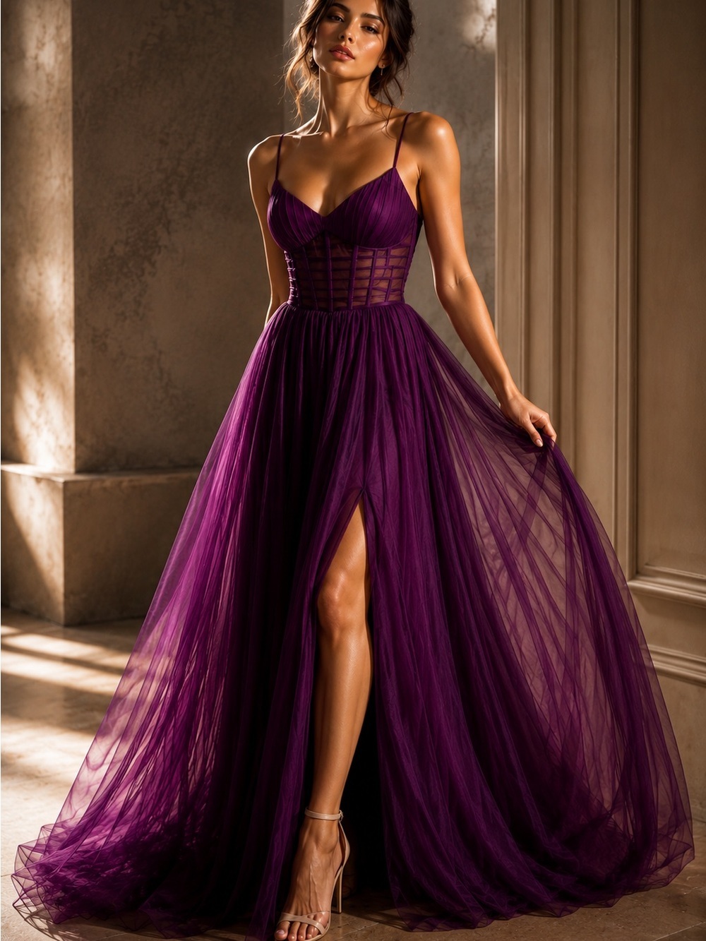 Windsor XS Plum Tulle Corset Illusion Waist Formal Prom Evening Gown Maxi Dress